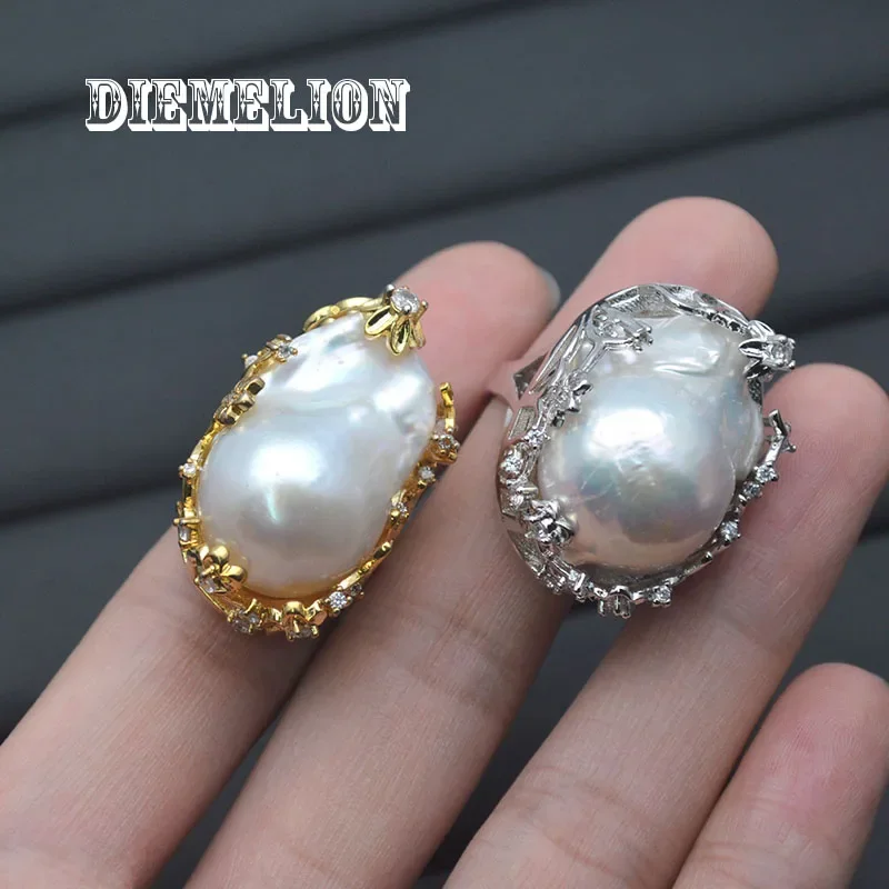 خاتم لؤلؤي كبير غير منتظم للمياه العذبة الطبيعية على الموضة الفاخرة لون ذهبي/فضي خواتم مبالغ فيها قابلة للتغيير للنساء #5