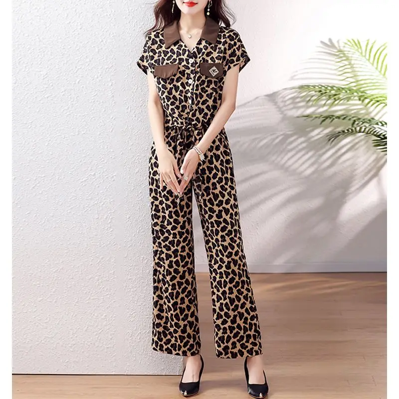 Spring Summer New Fashion Women's Clothing Polo Neck Short Sleeve Jumpsuits Casual Loose Sweat Leopard Print Female Clothes Suit