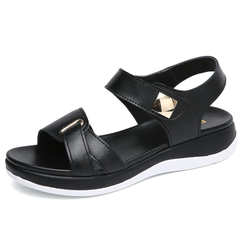 2024 New Summer Genuine Leather Open Toe Women\'s Sandals Fashion Buckle Flat Ladies Sandals Outdoor Casual Ladies Beach Sandals