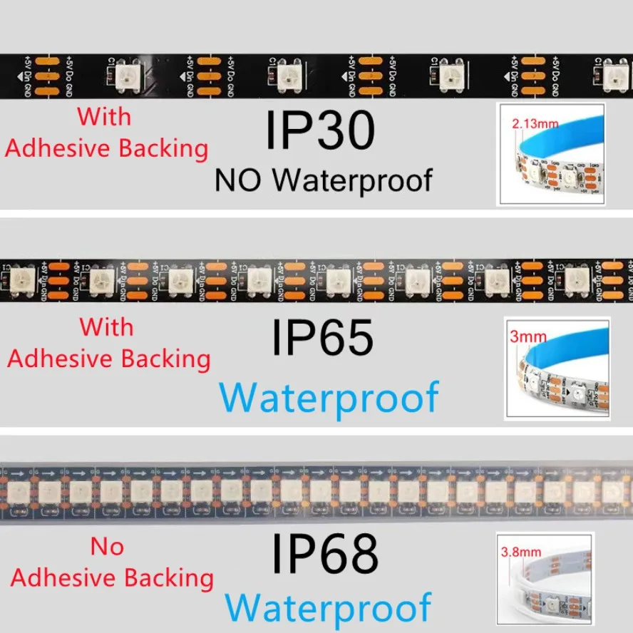 WS2812B IC Independent Control DC5V Led Lights RGB Led Strip Light IP65 IP68 Waterproof Smart Pixels Magic Light Black White PCB
