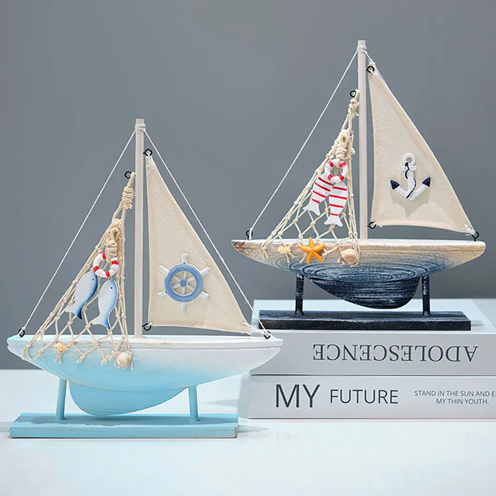 

Wooden Sailboat Desktop Decoration Mediterranean Style Sailing Boat Nautical Boat Ornament Rustic Centerpieces for Table Home
