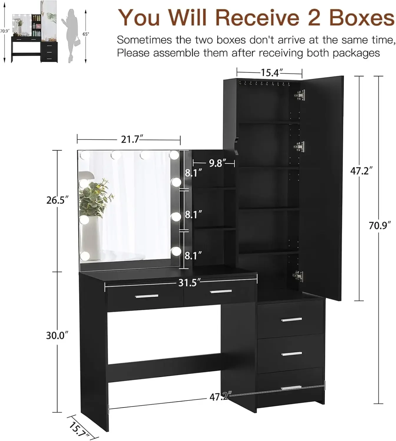 usikey Vanity Desk with Full-Length Mirror and Lights, Makeup Vanity Table with Jewelry Cabinet, 2 Drawers & 2 Shelves,