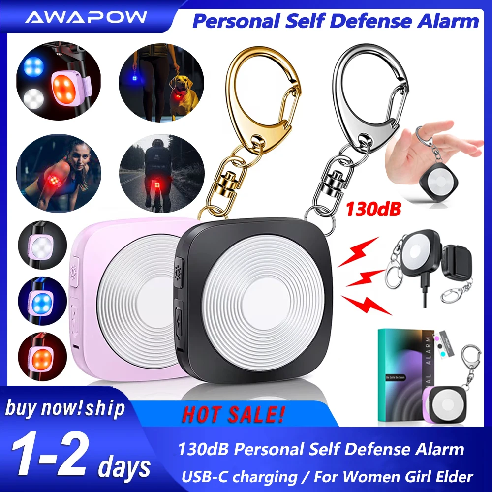 Awapow Self Defense Alarm 130dB With LED Light Rechargeable Girl Women Personal Safety Scream Loud Keychain Emergency Alarm