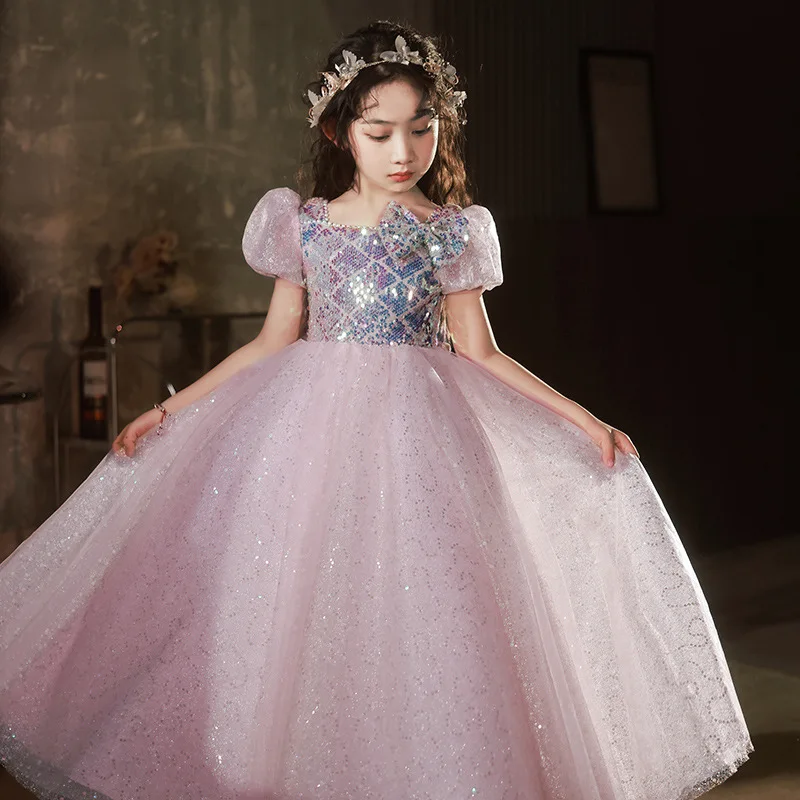 

Elegant Wedding Flower Girls Pink Sequins Dress for Children Holidays Eid Luxury Long Evening Gowns Kids Pageant Formal Dresses