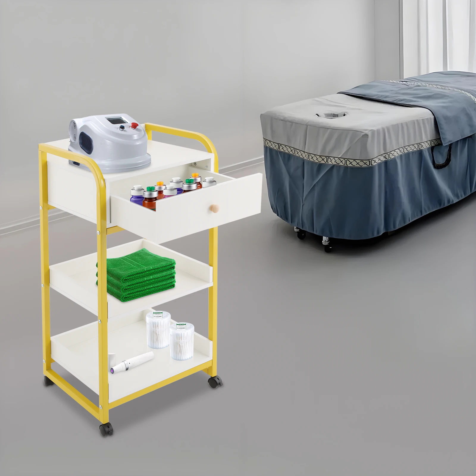 

17.32*13.39*31.5 in 3-Tier Salon Storage Cart with Drawer, Salon Trolley 4 Wheels, For Commercial & Home