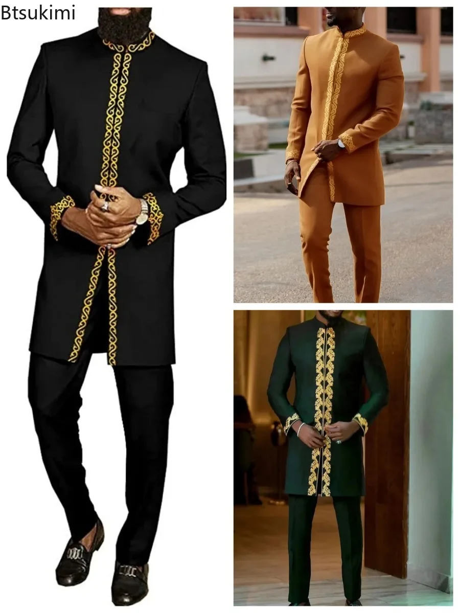 

2025 New Elegant Men's Embroidered Dress Suit African Style Kaftan Casual 2 Piece Set Festive Wedding Traditional Men's Clothing