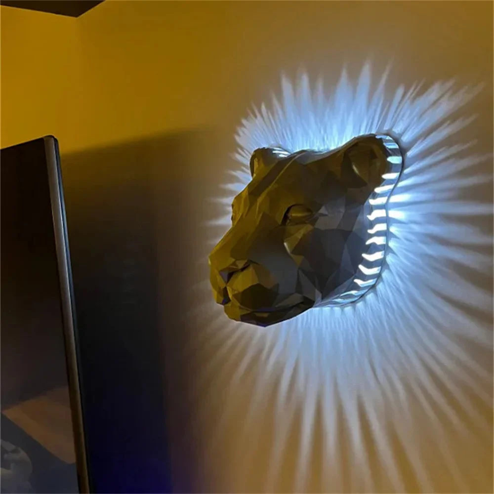 Escultura de arte montada en la pared, cabeza de búho, León, vulto nórdico, 3D LED, animales, arte de cabeza, pared de lujo para el hogar,