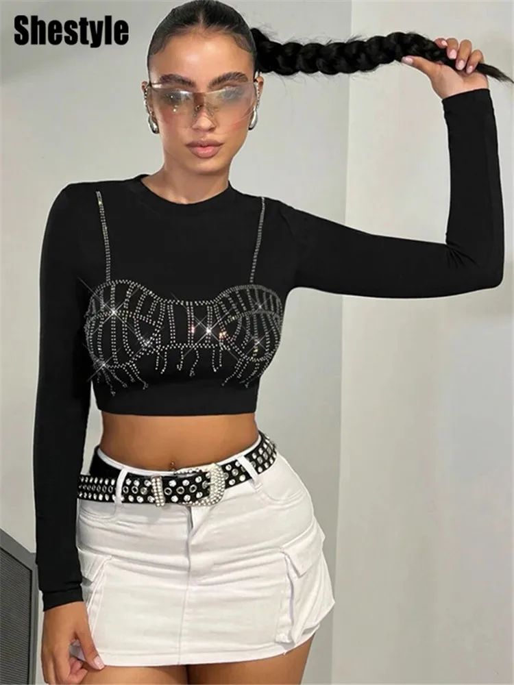 Shestyle Strass Bra Tessel Crop Tops para Mulheres, Envolvendo Peito, Manga Completa, Gola Preta, Streetwear Sexy, Casual, Nova Chegada