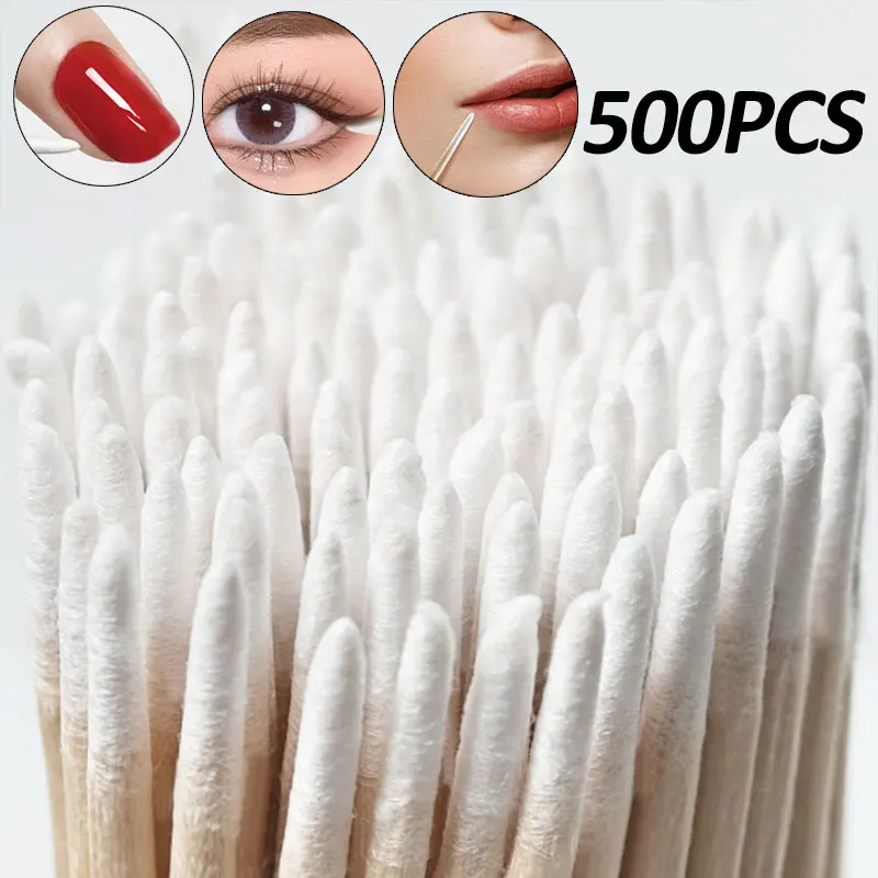 500-100Pcs White Nails Wood Swab Clean Sticks Wooden Cotton Head for Manicure Makeup Detail Corrector Nail Polish Remover Tool