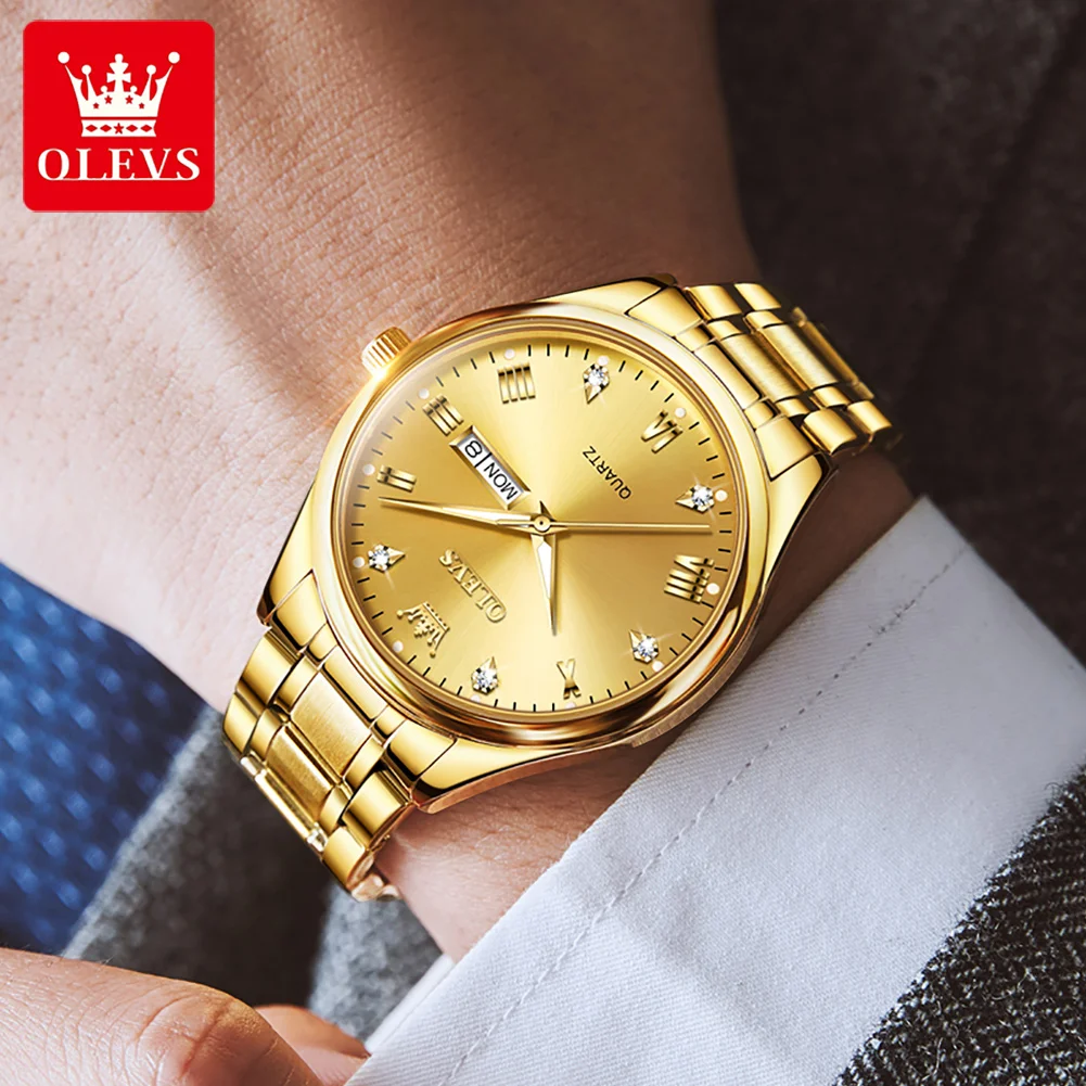 OLEVS 5563 Original Luxury Brand Men\'s Watches Gold Stainless Steel Quartz Wristwatch Waterproof Dual Calendar Clock Luminous