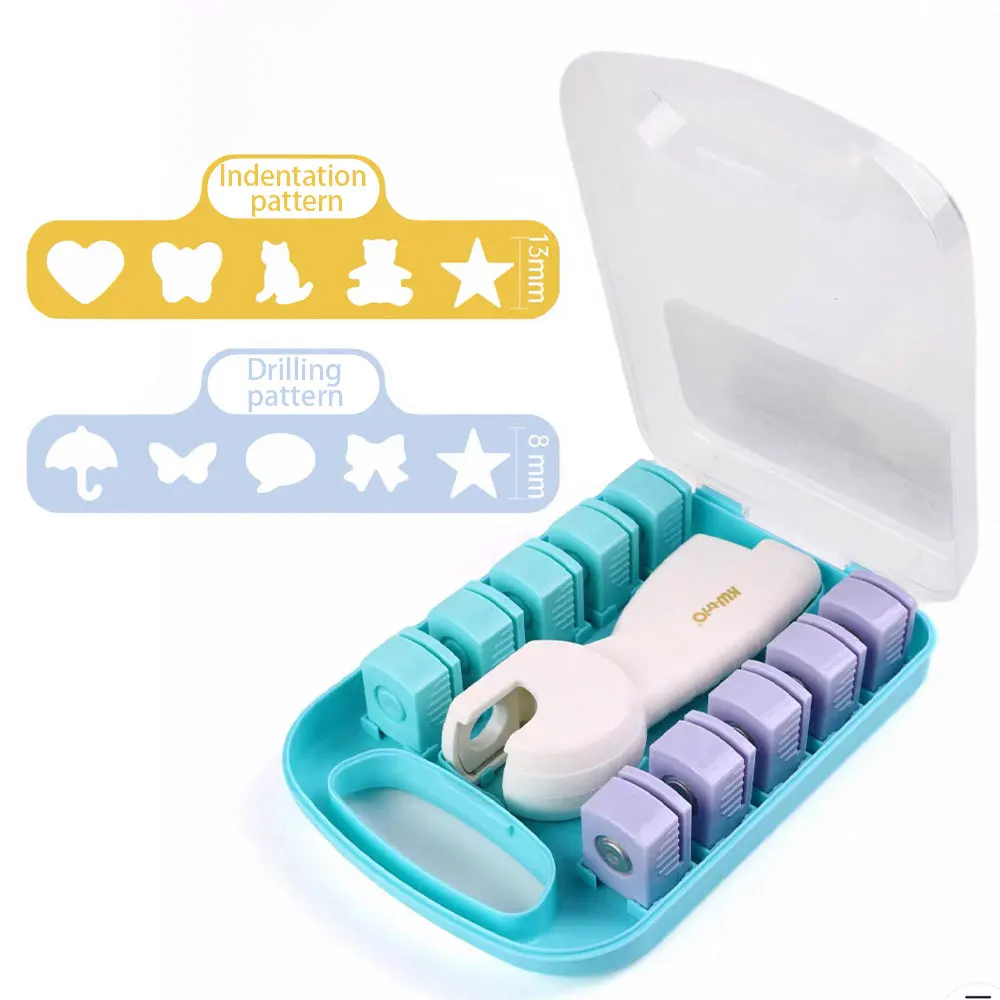 Multifunctional embossing machine set, 10 interchangeable patterns, portable storage box, suitable for DIY paper art projects.