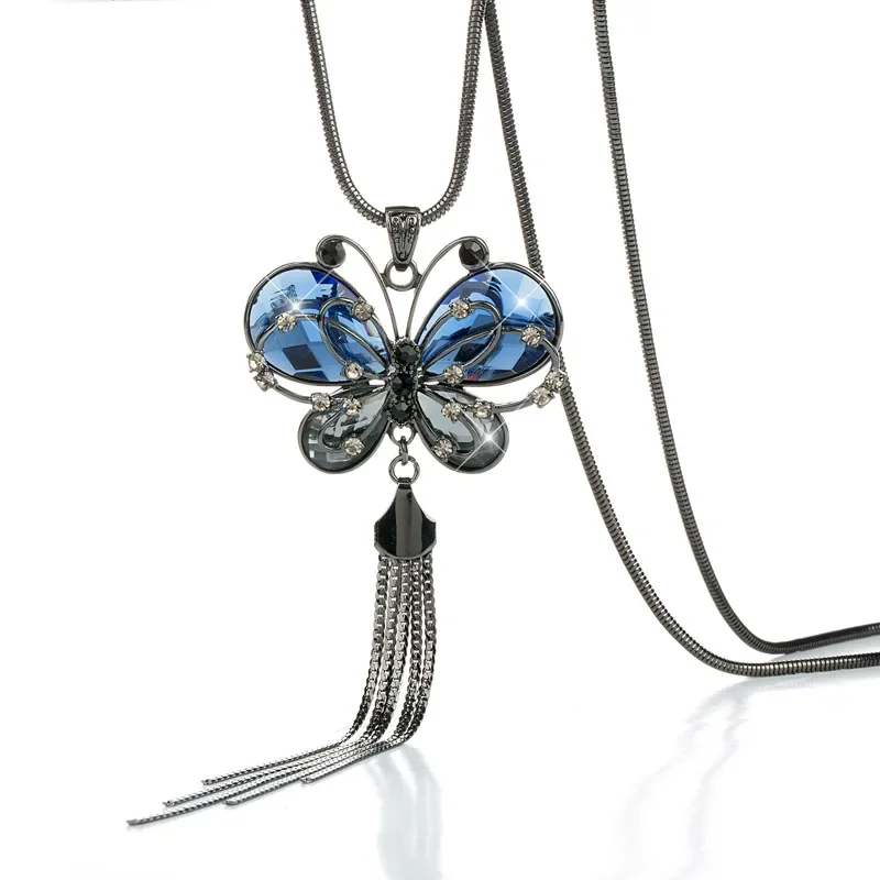

Fashionable and versatile tassel necklace, crystal butterfly sweater chain women's autumn and winter long necklace
