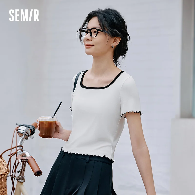 Semir-Camiseta de manga corta para mujer, capa Base ajustada, cuello redondo cuadrado, Top fino de verano, dobladillo con volantes para estilo informal