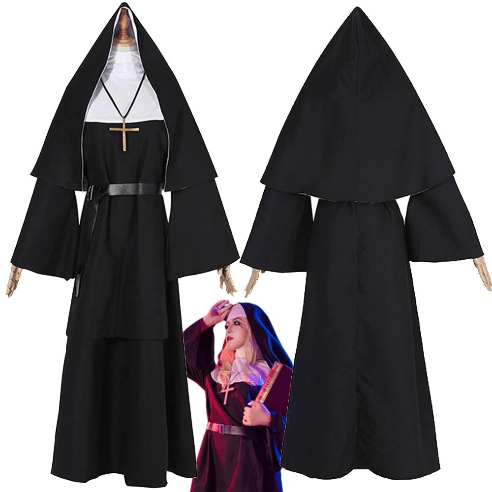 Nun Cosplay Fantasy Women Outfits Movie The Nun Costume Disguise Cross Necklace Adult Female Halloween Party Roleplay Clothes