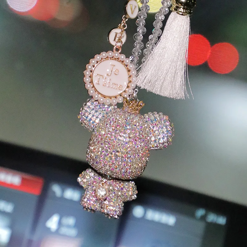 Moda kryształ Cartoon ponury niedźwiedź samochód wiszące ozdoby Rhinestone frędzle kryształ wisiorek lusterko wsteczne dekoracji samochodu
