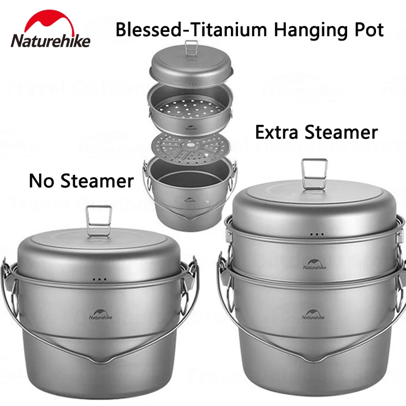 

Naturehike 5.5L Camping Titanium Hanging Pot Set Lightweight Portable Outdoor Picnic 3/4 in 1 Soup Pot Steamer With Lid Cookware