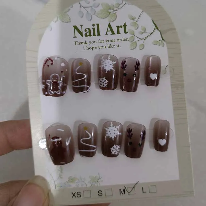 10 Pcs Cute Christmas Snowflake Milu Deer Handmade Press on Nails Short Style Cat Eye Nails Patch Detachable Fake Nail Patches