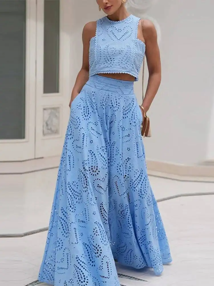 Casual Holiday High Waist Cinching Two-Piece Set Hollow Out Sleeveless Top Half Skirt Set Embroidered Pocket Long Skirt set L9VX