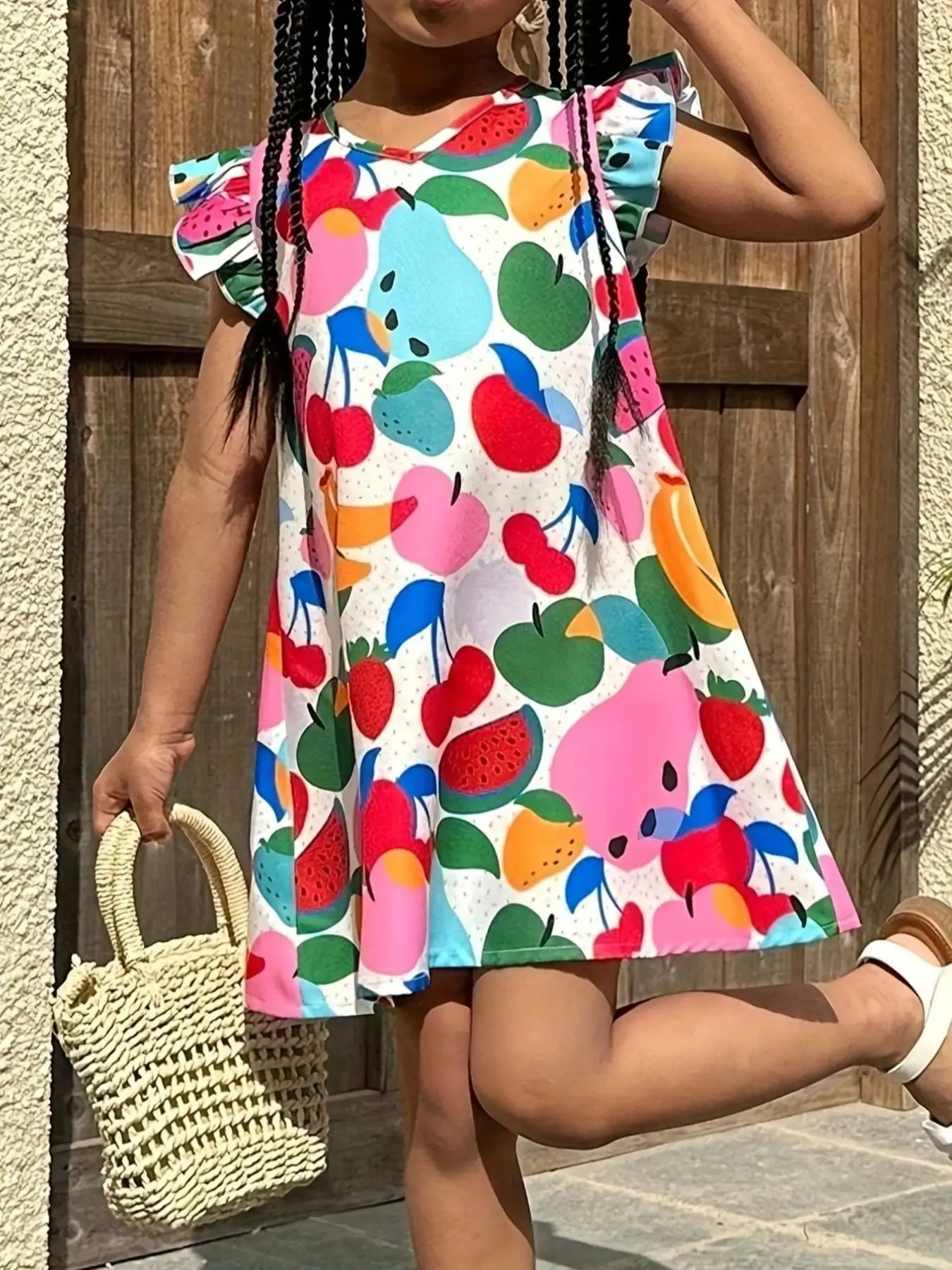 Girls' V-Neck Sleeveless Summer Casual Dress Energetic Vacation Style Full Print Colorful Fruit Pattern Perfect for Holiday