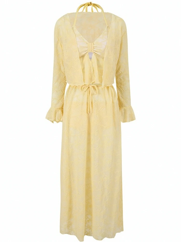 

Swimwear Skirt Cover-up 3 Piece Set Women Crop Tops And Maxi Skirt Bathing Fashion Stripe Hollow Sexy Beach Cover Up Outfits