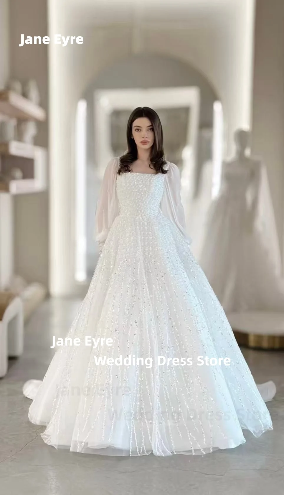 Jane Eyre-Vestido De Novia De lujo personalizado, Vestido De encaje con cuentas y princesa, Vestido De baile con cuello cuadrado, Vestido De Novia De manga larga
