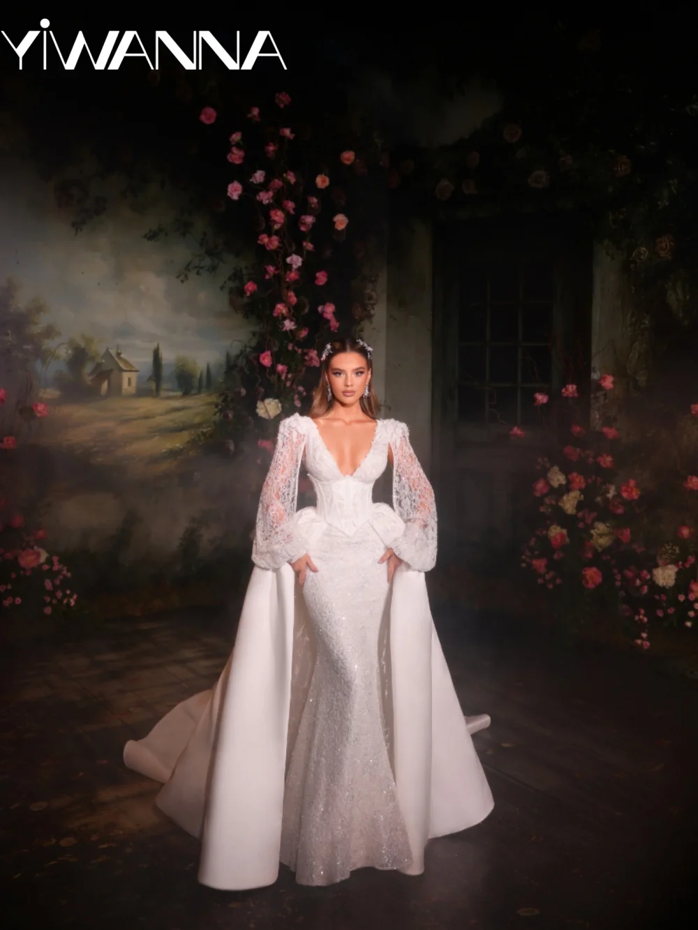 

New With Corset Beaded Lace Wedding Dress Luxury Detachable Train Deep Vneck Bridal Gown Customized Mermaid Dresses For Bride