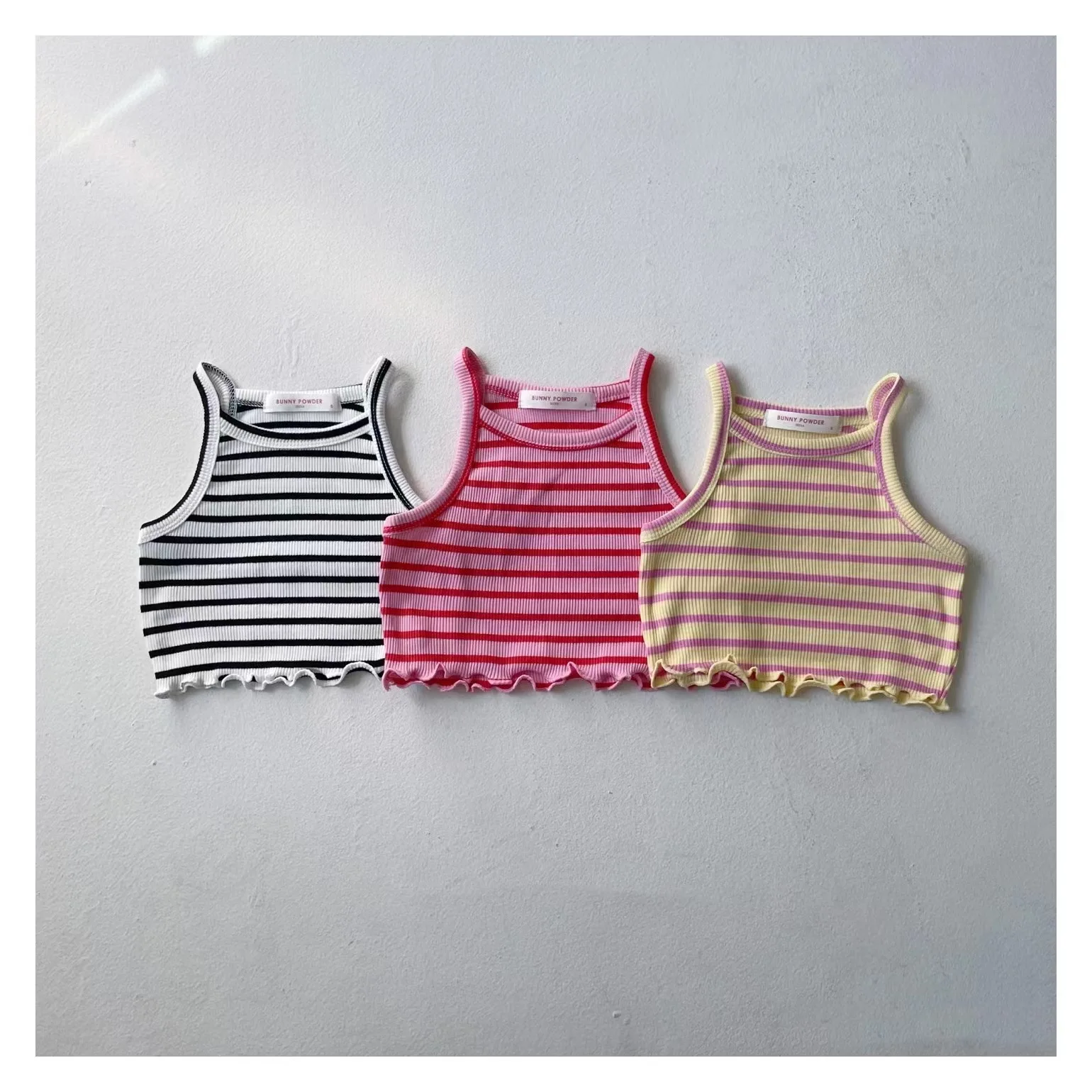 T230109 Girls Color Block Stripe Sleeveless Top with Contrast Trim Short Strap Shirt for Kids Brightly Colored Ribbed Design