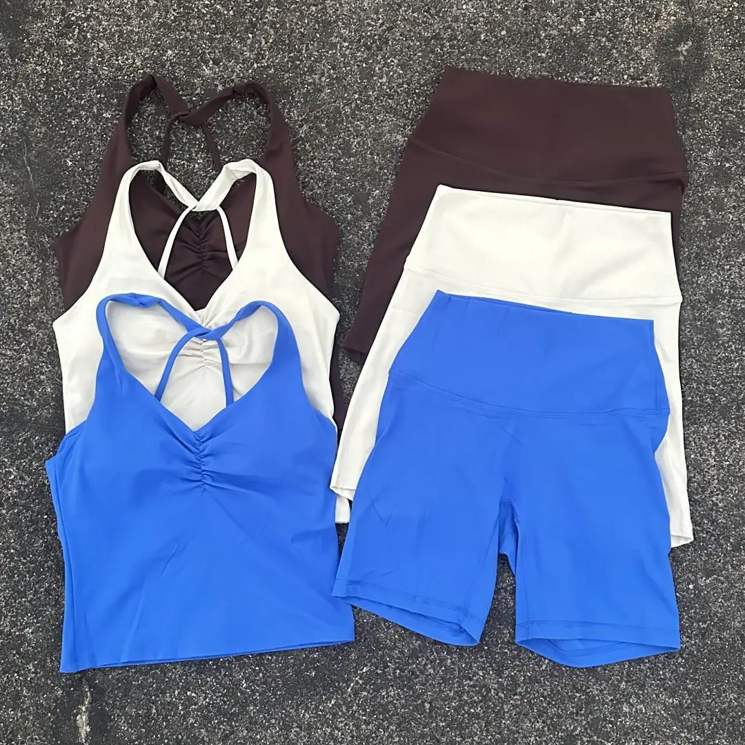Solid Color Soft Gym Bike Yoga Set Short Legging +Cross Sport Bra Tank Top Athletic Women Gym Suit Comprehensive Training Jog