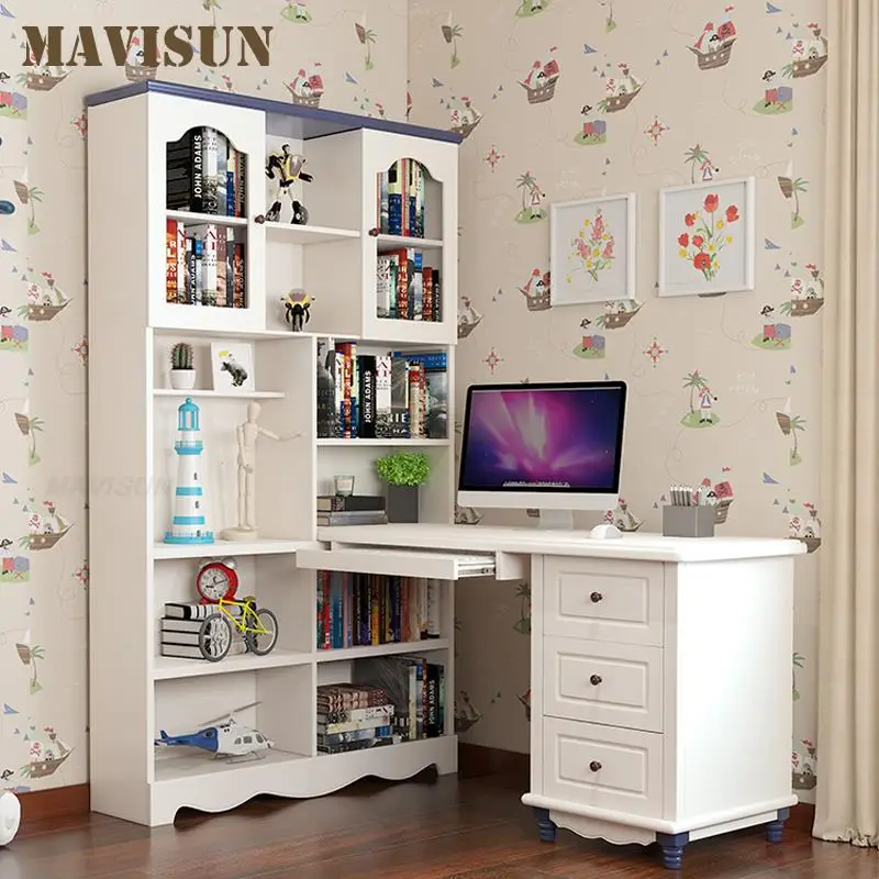 Modern Desk And Chair For Children Rectangle Wooden Computer Table With Three Drawers And Bookcase Boy Kids White Study Desk