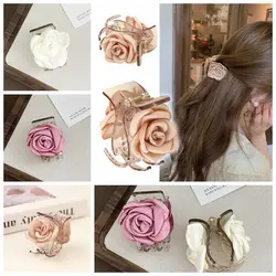 Romantic Satin Fabric Rose Flowers Hair Clip For Women Sweet Elegant Ponytail Holder Hair ClawHairpin Barrettes Hair Accessoreis