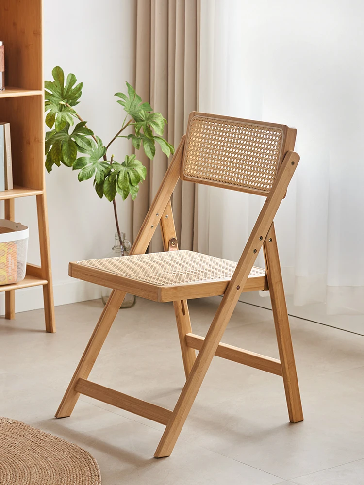 

Japanese-style leisure foldable chair Home balcony dining chair Nanzhu solid wood rattan backrest Picnic camping small stool