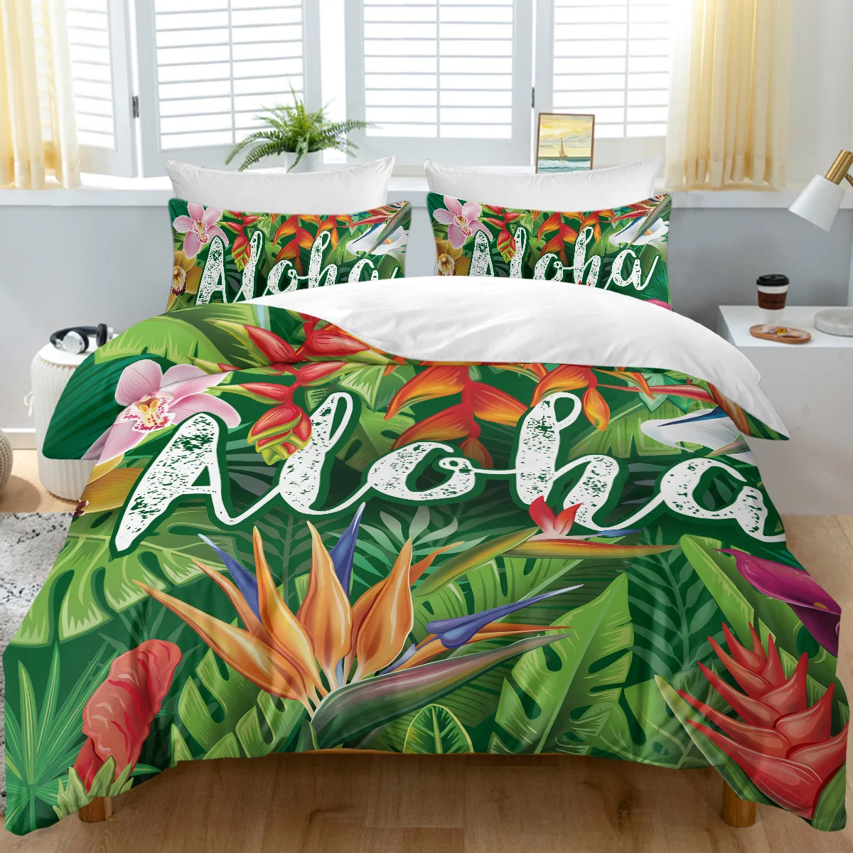 

3pc Green Tropical Plants Design Bedding Set Quilt Cover Set with Zipper Closure 1 Duvet Cover and 2 Pillow Cases