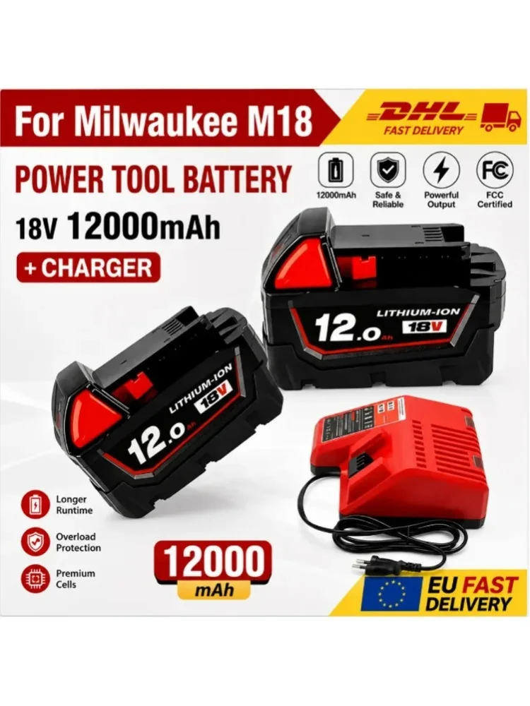 Lokalny magazyn UE, bateria litowa 18V 12000mAh pasująca do Milwaukee M18 M18B5 XC 48-11-2402, akcesoria zamienne do elektronarzędzi akumulatorowych. — 2