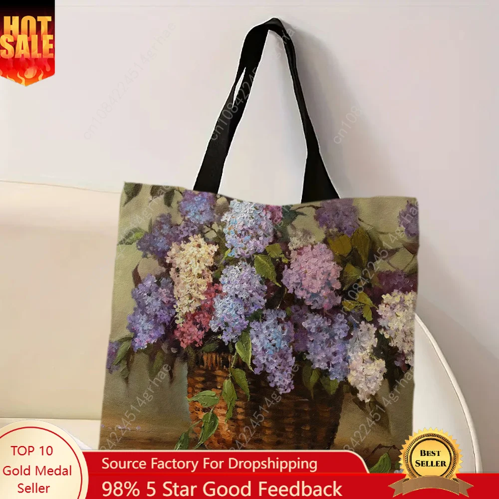 Flower Print Tote Bag Reusable Fashionable Handbag Multifunctional Shoulder Bag Printed Storage Shopping Bag for Women 40x40cm