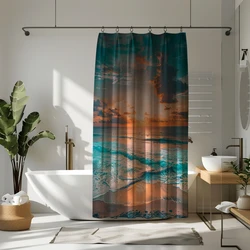 1pc Hawaiian sunset beach pattern polyester material shower curtain waterproof fabric, thickened anti mold partition curtai