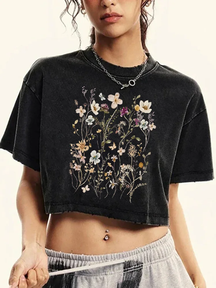 Beautiful Flower Clusters Print Women Washed Short Tshirts Summer Fashion T-Shirt Breathable O-Neck Tee Shirts Distress Tops