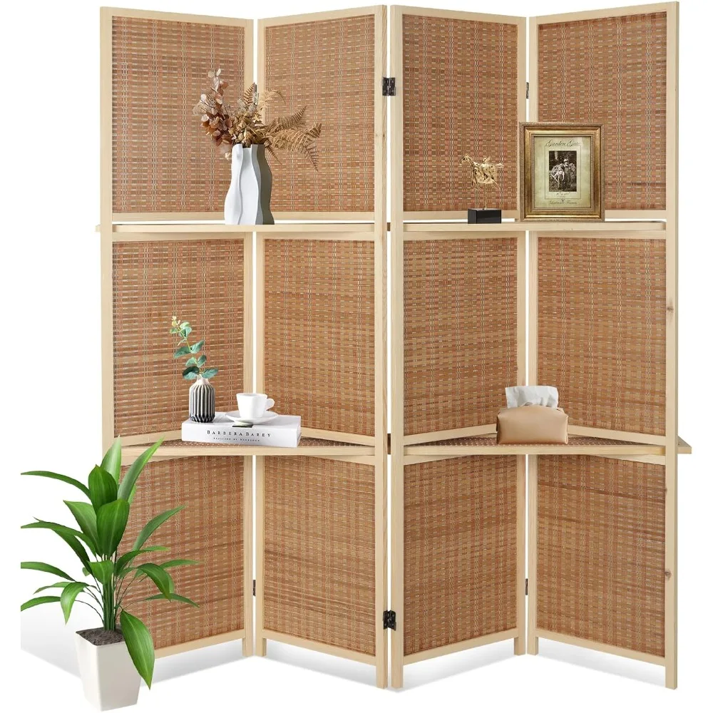 Room Divider with Shelves, Bamboo Room Divider 4 Panel, Folding Screen, Room Dividers and Folding Privacy Screen