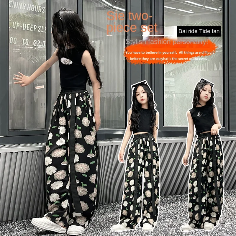 Girls floral print streamer wide leg casual pants 2024 summer thin loose straight pants beach mosquito repellent pants