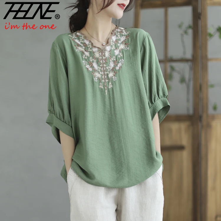 THHONE Moda Verão Mulheres Camiseta 2025 Bordado Impressão Vintage Com Decote Em V Casual Estilo Chinês Solto Tops Roupas Femininas Camisetas