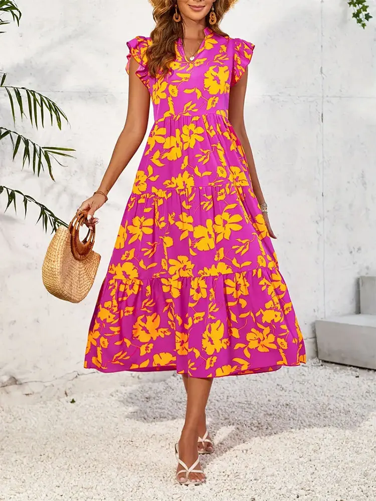 -Border Women's Clothing 2024 New Elegant Romantic Long Ruffled Tiered Dress Vacation Style Sleeveless Printed Dress