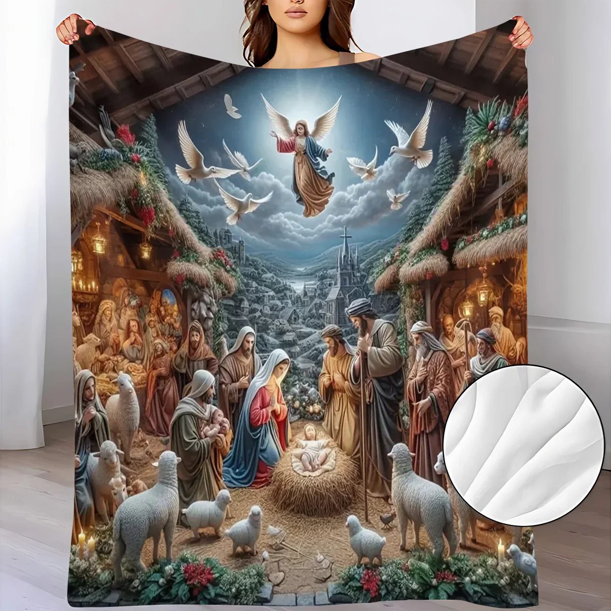 1pc Beginner's Country Christmas Scene Sacred Celebration Pattern Throw Blanket, Air Conditioning Blanket, Flannel Dorm Office N
