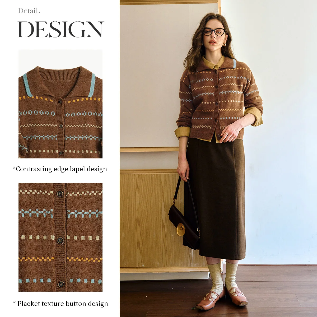 OLrain レディース ニット カーディガン 2025 秋 ターンダウンカラー ルーズフィット セーター カジュアル ヴィンテージ トップス 女性服 O57QM001033