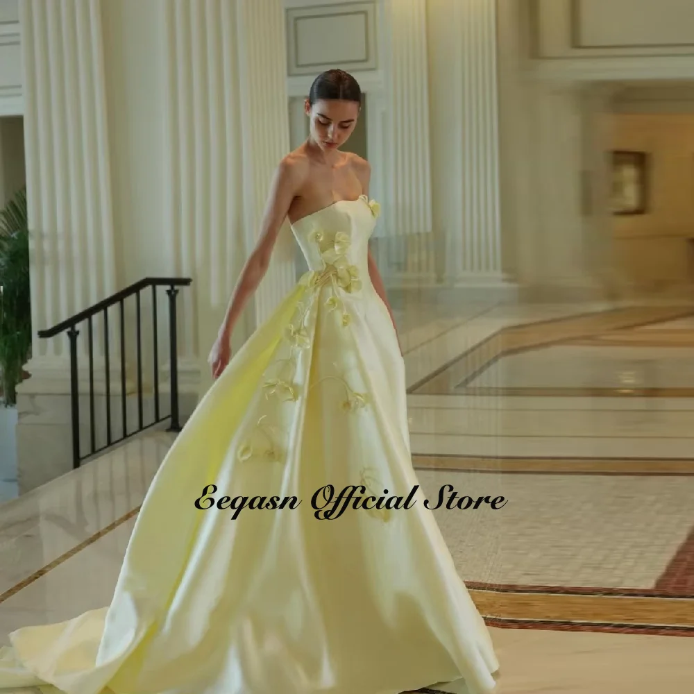 Customized Yellow Evening Dress Dubai Arabic Long Graduation Woman Flowers Robe De Soiree Femmes Party Prom Wedding Formal