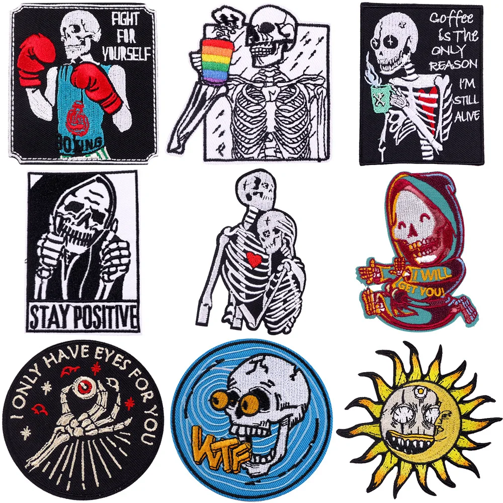 

Cartoon Punk Skull Embroidered Patch For Clothing DIY Iron On Patches Colorful Handmade 3D Eco-friendly Thermoadhesive Sticker