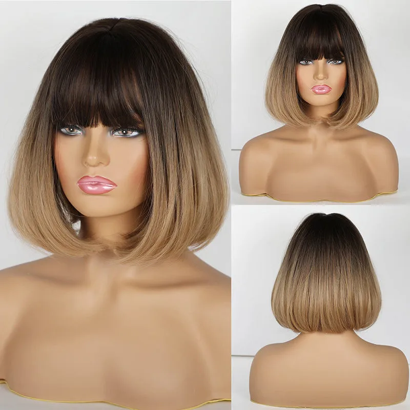 Short Ombre Black Blonde Straight Machine Made Synthetic Hair Wig With Bangs for women