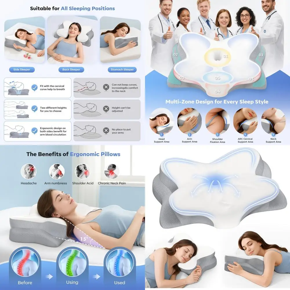 

Memory Foam Neck Pillow - Ergonomic, Odorless, Adjustable Support for Side, Back, Stomach Sleepers, White