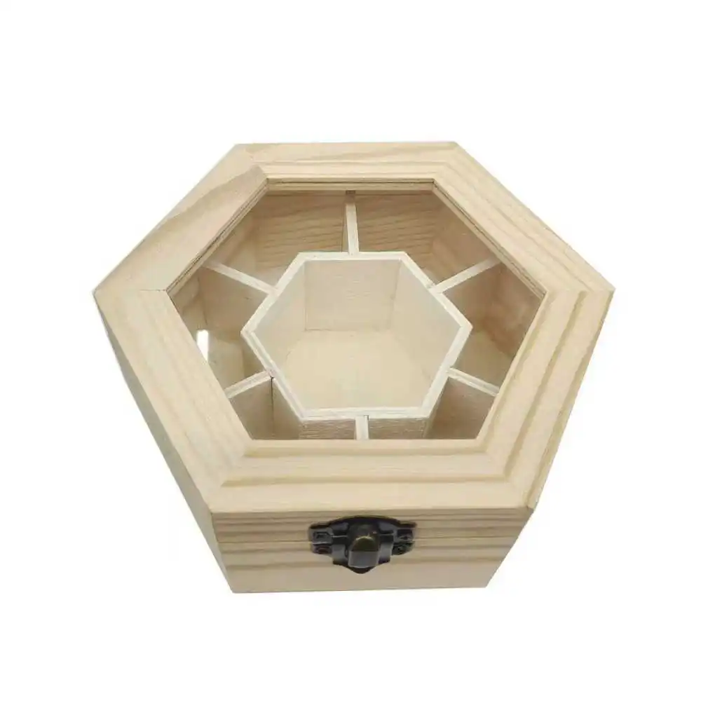 Rustic Wooden Jewelry Organizer Box Hexagon Case Decorative Trinket Storage Holder For Birthday Wedding Graduation Gift
