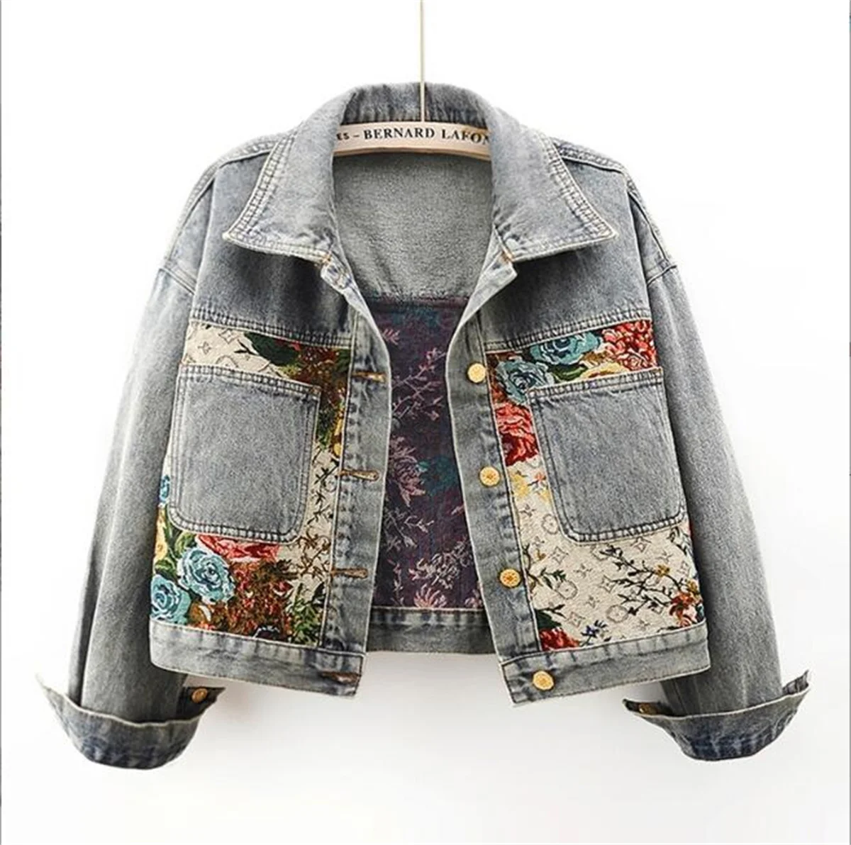 Printed Patchwork Lapel Denim Coat Women Long Sleeve Spring Autumn Jacket Fashion Vintage Short Outerwears Single Breasted Coats