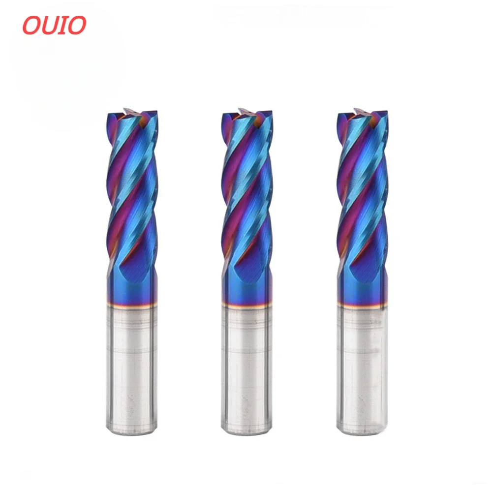 OUIO HRC65 CNC Cutting Tools Carbide Flat End Mill Tungsten Cutter  4 Flute Metal Steel Machining  Tool Bit 3 4 6 8 12 Shank