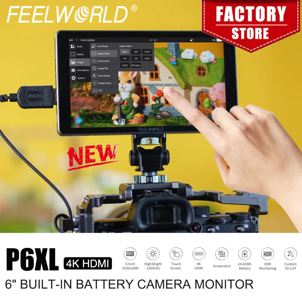

FEELWORLD P6XL 6-дюймовый монитор для фотографии в алюминиевом корпусе со встроенным аккумулятором, 4K HDMI, высокая яркость 1200 нит, FHD IPS
